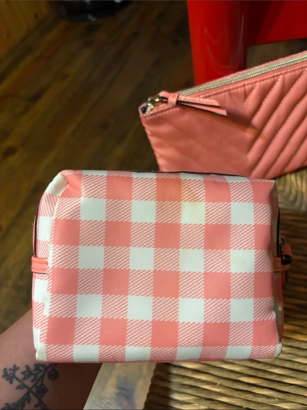 Victoria's Secret Coral Pink Quilted and Gingham Cosmetic Pouch Duo